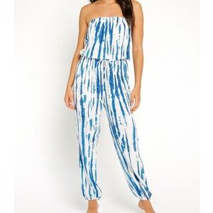 Solitaire Swim jumpsuit blue white tie dyed romper strapless elastic ankle SZ M
